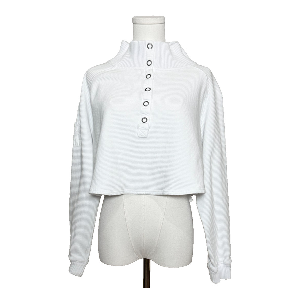FP Movement White Ribbed Cropped Snap Funnel Collar Sweatshirt Small